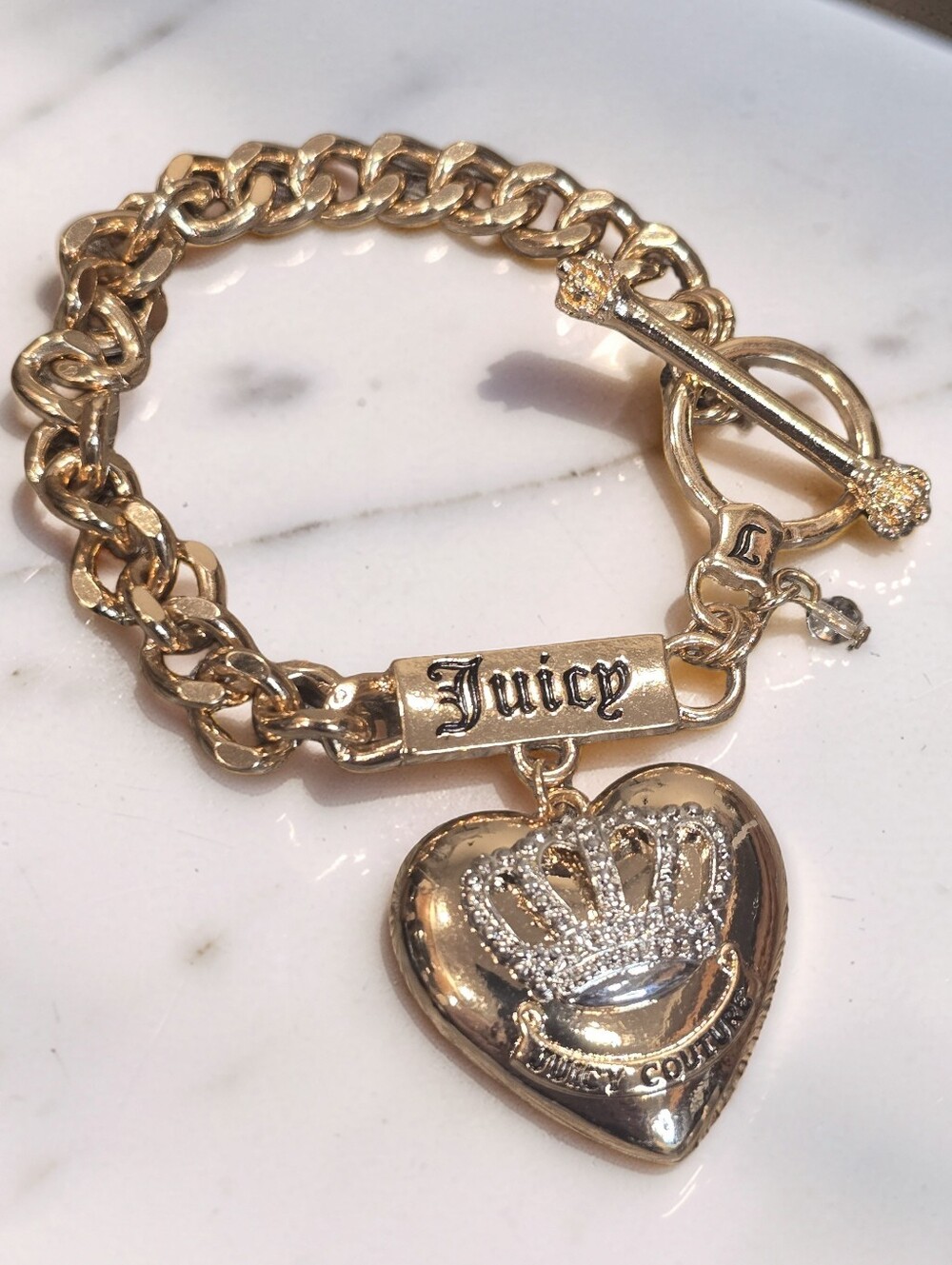 Juicy Couture Vintage Gold Crown Puffy Heart Toggle Bracelet